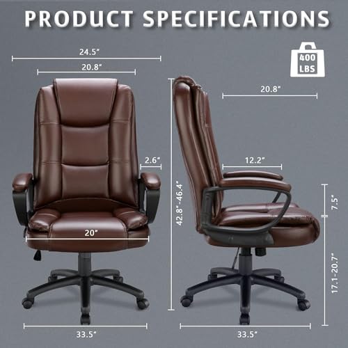 LEMBERI Home Office Executive Desk Chair, High Back PU Leather Chair, Height Adjustable Swivel Computer Chair with Padded Armrest, Brown