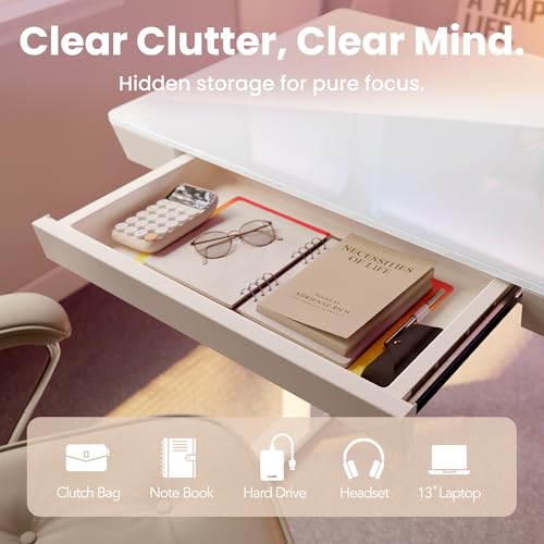 HUANUO Glass Standing Desk with Drawers, 35 X 20 Inch Electric Adjustable Height Desk, Quick Install One-Piece Tabletop with USB Charging Ports, White