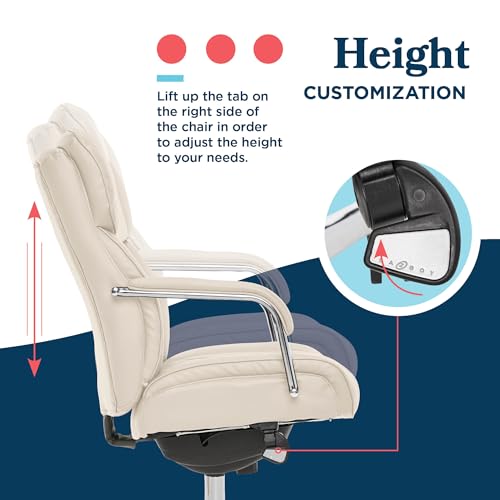La-Z-Boy Sutherland Quilted Leather Executive Office Chair with Padded Arms, High Back Ergonomic Desk Chair with Lumbar Support, Ivory White Bonded Leather
