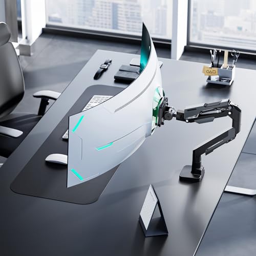 ARES WING Heavy Duty Single Monitor Arm - Gas Spring Aluminum Monitor Mount for 24"-57" Ultrawide Screens up to 66 lbs with Clamp/Grommet Desk Mount, 75/100/200 Vesa Mount, Black