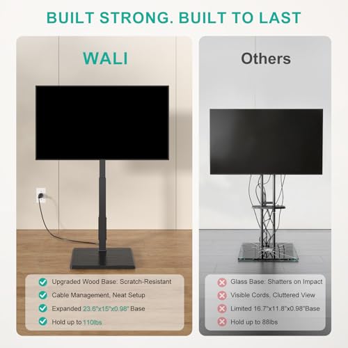 WALI Floor TV Stand with Power Outlet, Tall TV Stand Mount for 32-75 inch TV up to 110 lbs, Swivel and Height Adjustable TV Stands with Wood Base for Bedroom, Living Room(TVDVD-7P), Black