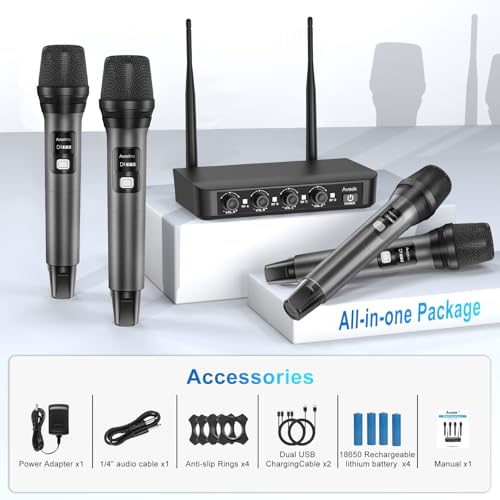 Aveek Wireless Microphone System with 4-Pack Dynamic Handheld Mics, 262ft Long Range, 40-Hour Battery, Low Latency Studio Sound for Karaoke, Singing, Speech, Church, Stage, Wedding, DJ & Events