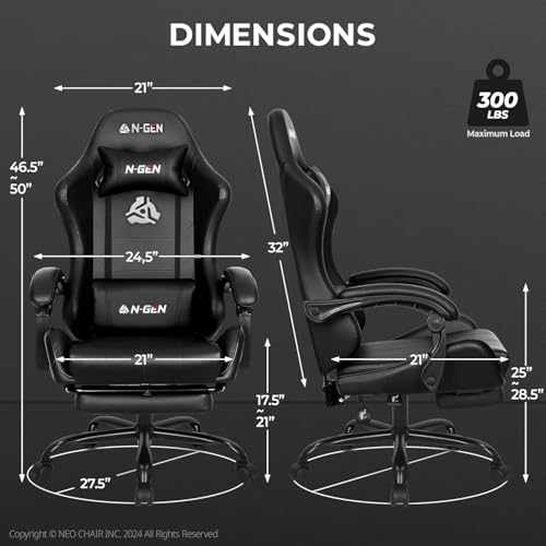 N-GEN GAMING Video Gaming Chair with Footrest Lumbar Support for Home Office High Back Recliner Height Adjustable Ergonomic Comfy Leather Computer Desk Chair (Black)