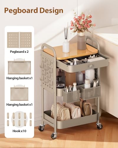 ALVOROG Rolling Cart with Drawer and Wood Table Top, 3 Tier Metal Rolling Utility Cart on Wheels with DIY Pegboards, Hanging Baskets, Hooks for Kitchen, Bedroom, Office, Craft Supplies