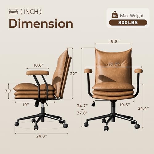 Sucrever Brown Leather Office Chair with Triple-Layer Seat, Home Desk Chair
