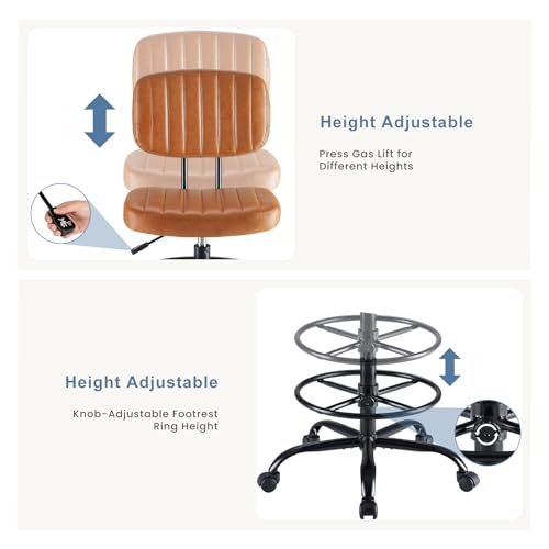 DUMOS Armless Drafting Chair, Low Back Office Seat with Adjustable Footrest Ring for Standing Desk, Ergonomic PU Leather Office Seating, Swivel Rolling High Stool for Studio, Lab, Counter, Brown