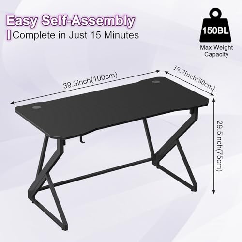 Grandder Gaming Desk Z Shaped 40 Inch Gamer Workstation, Home Computer Carbon Fiber Surface Gaming Desk PC Table with Headphone Hook, Carbon Fiber Black