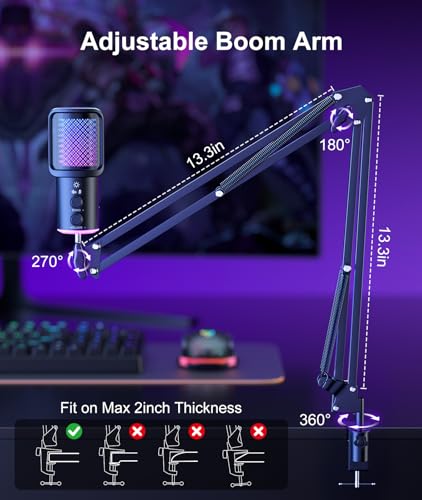 Gaming USB Microphone, Noise Cancellation Condenser Mic with Mute,Boom Arm Mic-Reverb Adjustment, Monitoring for Streaming, Podcasting, Discord, YouTube,PC, Computer, PS4, PS5, Mac