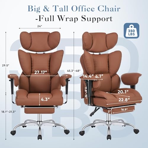 Big and Tall Office Chair 350 LBS, Scratch-Resistant PU Leather Executive Office Desk Chair with Footrest, Ergonomic Reclining Computer Chair with Pocket Spring Support for Home Office, Brown