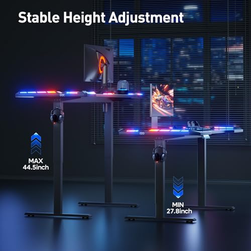 HLDIRECT Electric Gaming Standing Desk with LED Lights - 47“ Height Adjustable Sit Stand Desk, Carbon Fiber Gaming Table with Headphone Hook for Home Office PC Gamer, Black