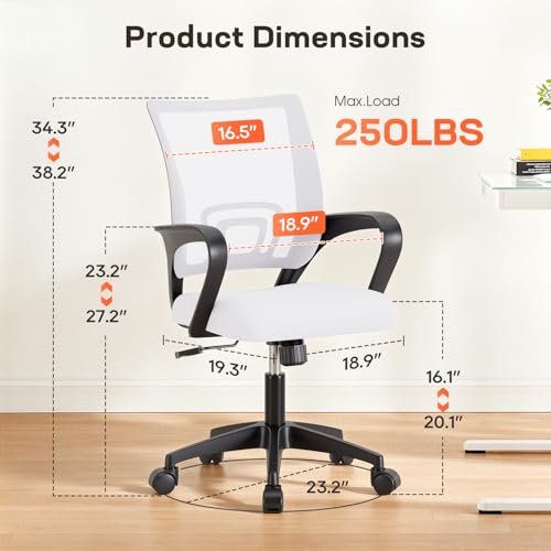 BestOffice | Ergonomic Office Chair | Mid-Back Swivel Desk Chair | Breathable Backrest & Lumbar Support | Adjustable Height | Sponge Seat | Rolling Wheels | White | for Adults & Women