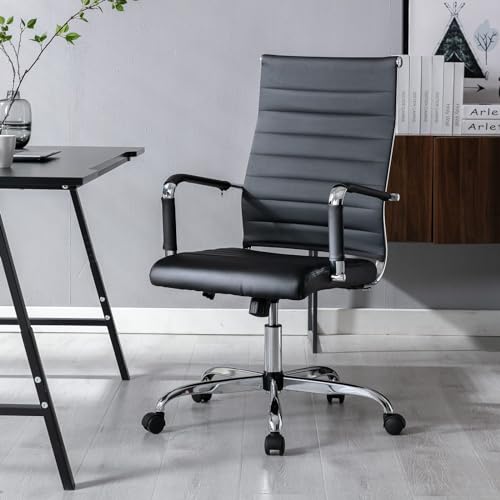 Walmokid Office Desk Chair with Wheels Set of 8, Ergonomic Black Leather Conference Room Chairs Height Adustable | Ribbed High Back | Swivel Rolling Task Chair, Black