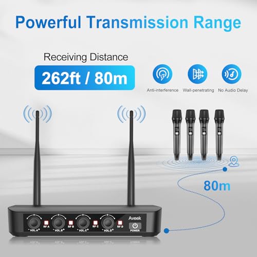 Aveek Wireless Microphone System with 4-Pack Dynamic Handheld Mics, 262ft Long Range, 40-Hour Battery, Low Latency Studio Sound for Karaoke, Singing, Speech, Church, Stage, Wedding, DJ & Events