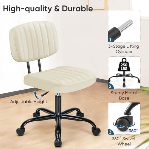 DUMOS Armless Home Office Executive Chair - Small Desk Chair with Low Back Lumbar Support, Height Adjustable PU Leather Computer Task Chair with 360° Swivel Wheels, for Adults, Beige