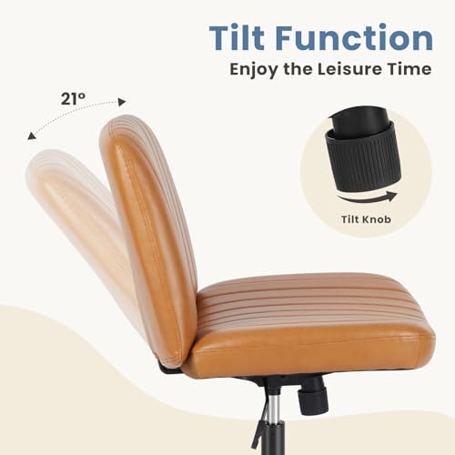 DUMOS Criss Cross Chair No Wheels, Wide Seat Cross Legged Office Desk Vanity Chair, Faux Leather Armless Height Adjustable Swivel Task Computer Chairs for Home, Study, Brown PU
