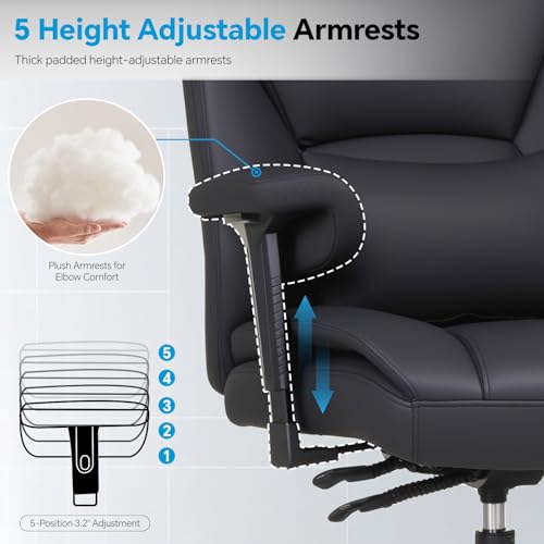 Big and Tall Office Desk Chair with 5-Position Armrests, 650 LBS Heavy Duty Executive Office Chair Comfy, Extra Wide Seat, High Back Computer Chair with Lumbar Support, Reclining Tilt Lock (Black)