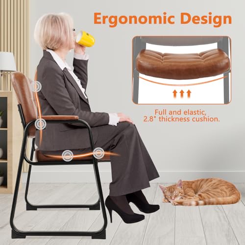 CLATINA Big & Tall 500 lbs Waiting Room Chairs with Padded Armrests and Sled Base, Leather Stationary No Wheels Office Guest Chair for Reception Lobby Home and Meeting Conference, Brown (4 Pack)