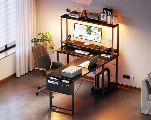 ODK 53 Inch L Shaped Gaming Desk with LED Lighting, Reversible Desk with Power Outlets, Cornor Computer Table with Storage Shelves & Bag & Iron Hook, Home Office Table for Writing, Study, Black