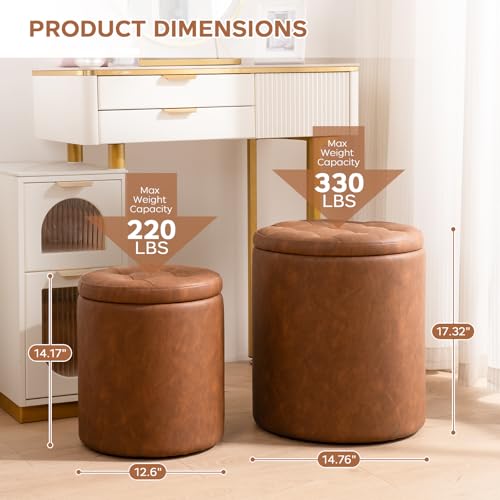 Round Ottoman with Storage Set of 2, 12.6"W x 14.17"H & 14.76"W x 17.32"H Faux Leather Button Tufted Storage Ottoman, Boucle Vanity Stool Footrest Coffee Table for Living Room, Bedroom, Brown
