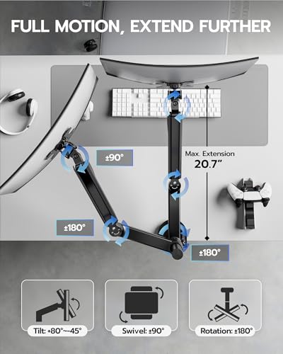 ARES WING Dual Monitor Mount - Ultrawide Monitor Arm for 40 34 32 27 Inch Heavy Duty Curved Screen Up to 26.4 lbs with Clamp/Grommet Desk Mount, 75/100 Vesa Mount, Black