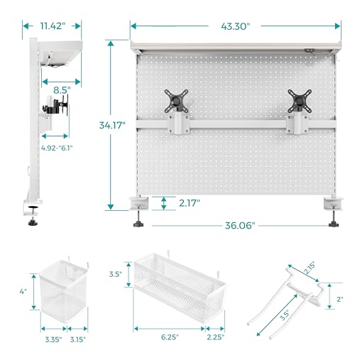 EUREKA ERGONOMIC Desk Pegboard with Dual Monitor Stands, LED Metal Pegboard for Gaming Desk, Privacy Panel with 4 Accessories Modular Hanging, Computer Accessories for Office, 43 x 34 Inch, White