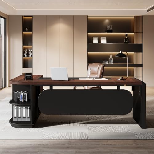 Tribesigns 81'' L-Shaped Executive Desk, Large Modern Office Desk with Drawers and File Cabinet for Home or Business Workspace, Computer Desk with Storage Shelves, Walnut & Black