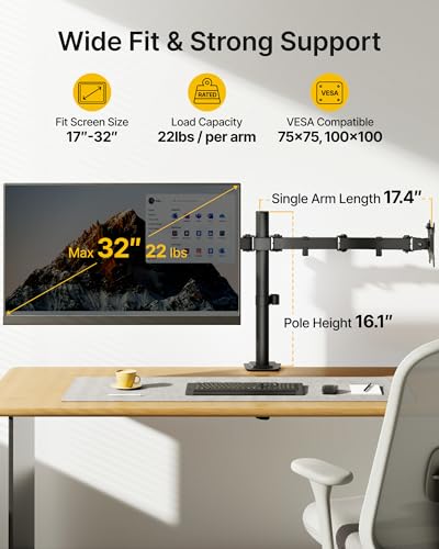 monTEK Heavy Duty Dual Monitor Stand for 17–32" Monitors, Stable Desk Mount with 22 lbs per Arm, Fully Adjustable Articulating Monitor Arm with Clamp & Grommet Base, VESA 75x75/100x100