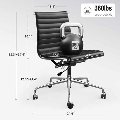 OTDMEL Armless Ribbed Office Desk Chair with Top Grain Leather, Mid Back Ergonomic Swivel Room Chair, Adjustable Height 5-Star Base, Black