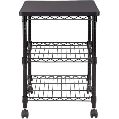 Safco Deskside 3 Tier Rolling Cart Printer Stand, Mobile Utility Table for Home Office with Steel Shelves, Black