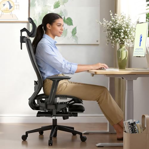 FLEXISPOT Ergonomic Office Chair with Footrest, Mesh High Back Computer Chair, Home Office Desk Chairs, with Adjustable Lumbar Support/2D Headrest/Reliable Base, Breathable Mesh Seat, Black, OC3 AIR-F