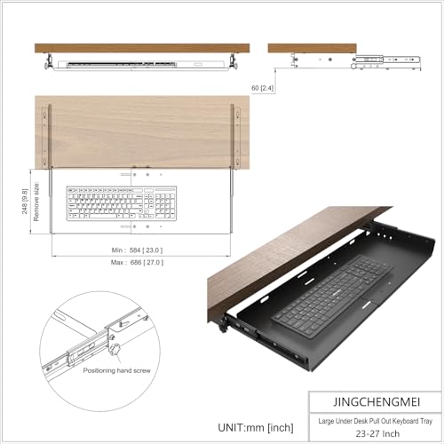 JINGCHENGMEI Sliding Keyboard Tray Under Desk, Pull-Out Keyboard and Mouse Tray, 27 x 9.8 inches Large Platform Slide-Out Computer Drawer for Typing, Metal, Black