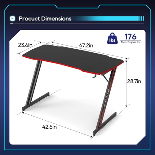 BestOffice Gaming Desk Z Shaped 47 inch PC Computer Desk Computer Workstation Ergonomic Gaming Table with Headphone Hook for Game Players, Black&Red