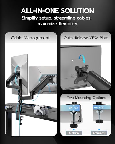ARES WING Dual Monitor Mount - Ultrawide Monitor Arm for 40 34 32 27 Inch Heavy Duty Curved Screen Up to 26.4 lbs with Clamp/Grommet Desk Mount, 75/100 Vesa Mount, Black