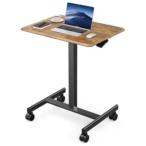 DUMOS Small Standing Desk Mobile Portable Rolling Laptop PC Table on Wheels Adjustable Height Computer Workstation for Home Office, 19 Inch, Modern Brown