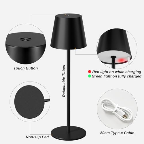 Kakanuo Cordless Table Lamp Rechargeable Black - KK 2 Pack 5000mAH Battery Operated Lamp for Counter, 3 Color Stepless Dimming Wireless Lamp for Dining Kitchen, Outdoor Patio, Touch Control