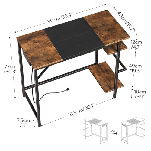 HOOBRO Small Computer Desk, Home Office Desk with Power Outlet, Writing Desk with 2 Shelves, Modern Small Desk for Home Office, Study, Easy to Assemble, Rustic Brown and Black BF43UDN01