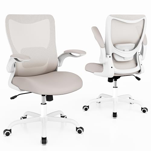 MUXX.STIL Office Chair, Ergonomic Desk Chair with Adjustable Lumbar Support and Flip up Armrest, Breathable Mesh Computer Chair for Home Office, Khaki