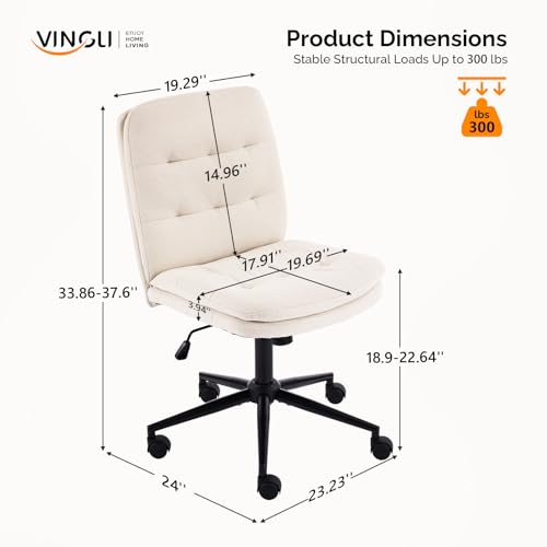 VINGLI Mid Back Armless Office Desk Chair with Wheels/no Wheels,360°Rocking Swivel Vanity Chair with Thickened Cushion,Adjustable Height Rolling for Reading Room, Make up,Linen Beige
