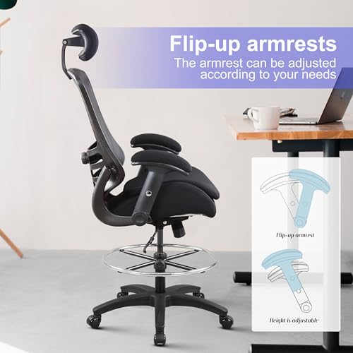 BOLISS 400lbs Ergonomic Drafting Chair,Tall Office Mesh Chair, Standing Desk Chair,Height Adjustable Armrest and Flip up Arms, Adjustable Lumbar Cushion (Black Frame Black Mesh)