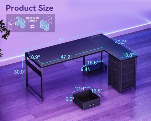 AODK L Shaped Gaming Desk with 4 Drawers, 61" Reversible Home Office Desks with Power Outlets, L Shaped Computer Desk with USB Charging Port and Host Stand, Corner Desk, Easy to Assemble, Black