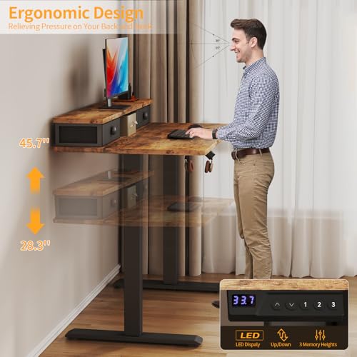 Electric Standing Desk Adjustable Height - 40 Inch Sit Stand Desk with Storage Drawers , Small Standing Desks with Shelf Monitor Stand, Kids Girls Computer Desks for Bedroom Home Office, Rustic Brown