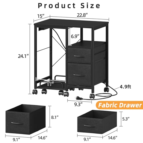 YAOHUOO Printer Stand with Power Outlet/Fabric Drawers, Printer Cabinet with Storage Shelf and Rolling Shredder Stand, Printer Table for Home Office, 22.8"×15" Black