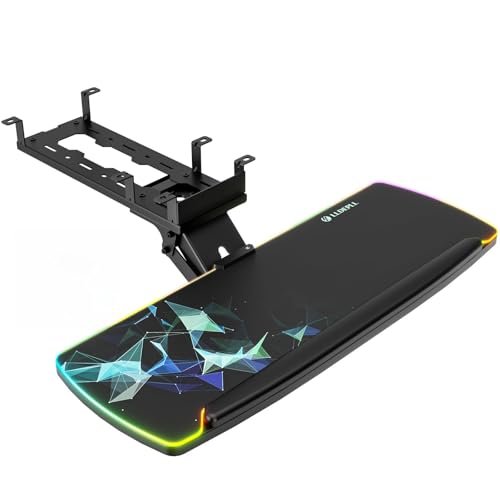 LLDEPLL Keyboard Tray Under Desk with Storage Drawer, Height Adjustable Keyboard Tray Slide Out 360° Swivel Tilt, Ergonomic Under Desk Mount Keyboard & Mouse Pad Lighting for Gaming Home Office