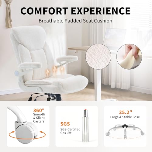 Home Office Ergonomic Desk Chair - Comfy Fabric Executive Chair with Flip-Up Armrests, Height Adjustable Computer Chair for Gaming, 360° Swivel & Rocking (White)