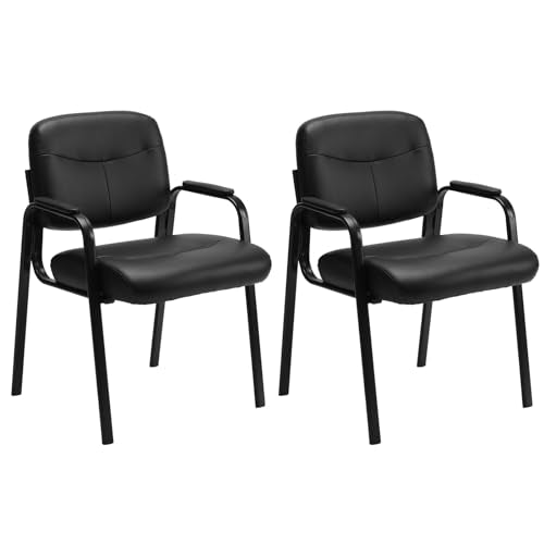 Sweetcrispy Office Reception Guest Chair No Wheels Set of 2, Leather Stationary Waiting Room Chairs with Padded Arms for Elderly Desk Conference Room Lobby Table Side Salon, Inky