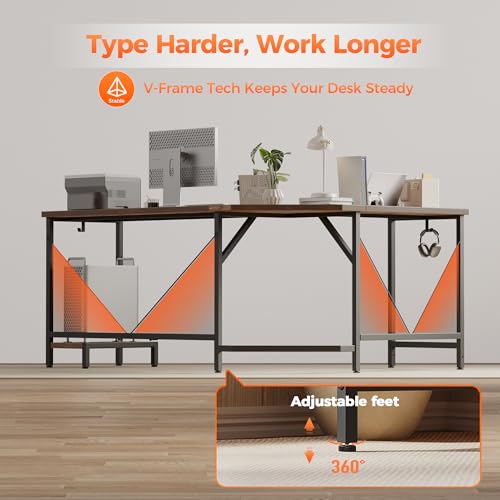 Mericonia 66 inch Large L Shaped Desk, Simple Corner Gaming Desk with CPU Stand & Hooks, Computer Desk for Home, Bedroom & Office Workspace, Rustic Brown