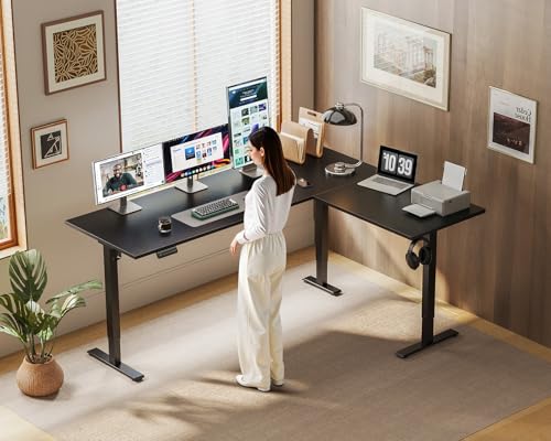 OffiGo 63 Inch Reversible L Shaped Electric Standing Desk, Height Adjustable Corner Stand up Desk, Ergonomic Large Lift Computer Table for Home, Office, Workstation, Black