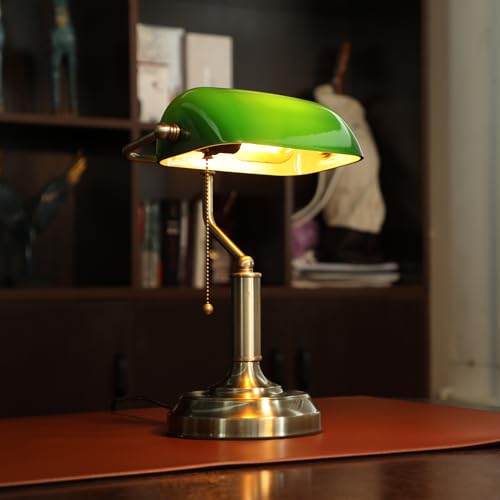 TORCHSTAR Green Glass Bankers Desk Lamp, Antique Desk Lamps with Brass Finish Base, Traditional Library Lamp with Pull Chain, E26 Base, Vintage Desk Lamp for Office, Study Room