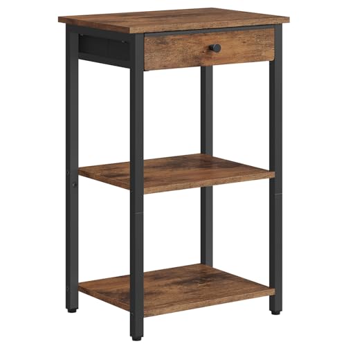 Gewudraw Printer Stand with Storage Drawer, 3-Tier Under Desk Printer Table, End Table for Home Office, Living Room, Bedroom, Brown