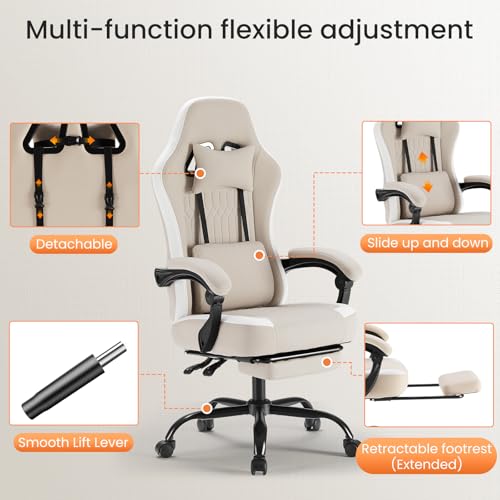 Sweetcrispy Computer Gaming Chair - High Back Ergonomic Desk Chair with Footrest and Lumbar Support, Height Adjustable Task Chair with Linkage Armrests and Headrest, 360°Wheels, Fabric, Khaki